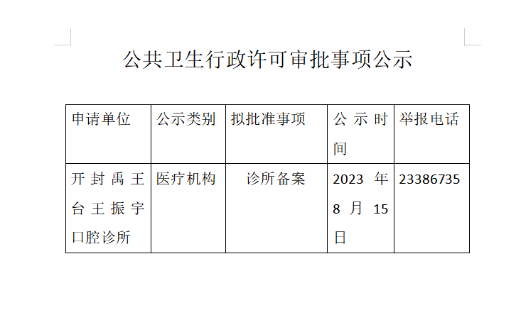 公共卫生行政许可审批事项公示